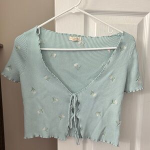 Tie-Front Ribbed Crop Top in Light Blue with Floral Embroidery